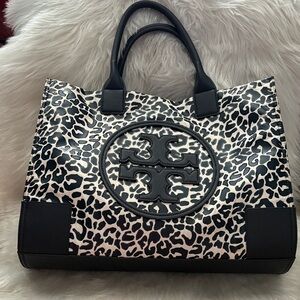 Tory Burch Black and White Leopard Print Tote